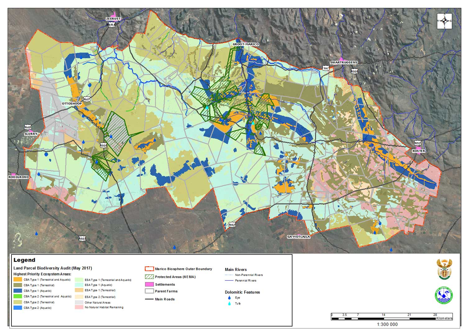 Map 4- Aquatic and Terrestrial CBA’s and ESA’s in the proposed Marico BR