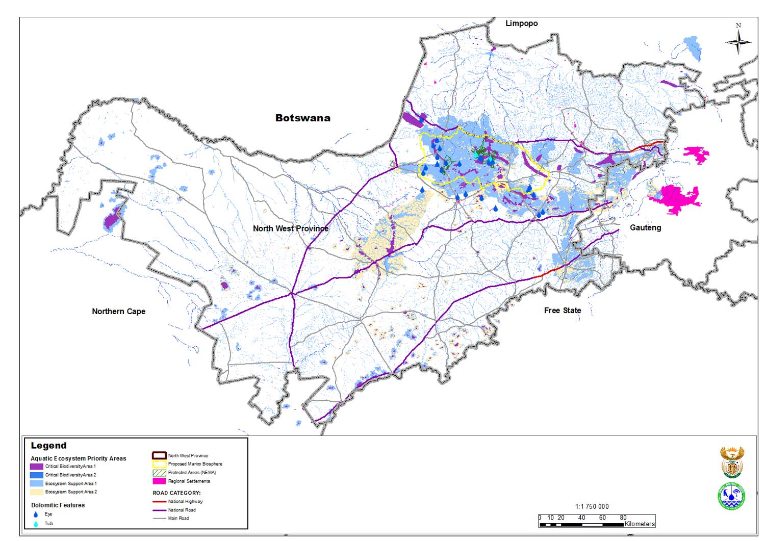 Map-5-Aquatic-CBAs-North-West-Province-Marico-BR Map 5- Aquatic CBA’s of the North West Province, proposed Marico BR outlined in yellow